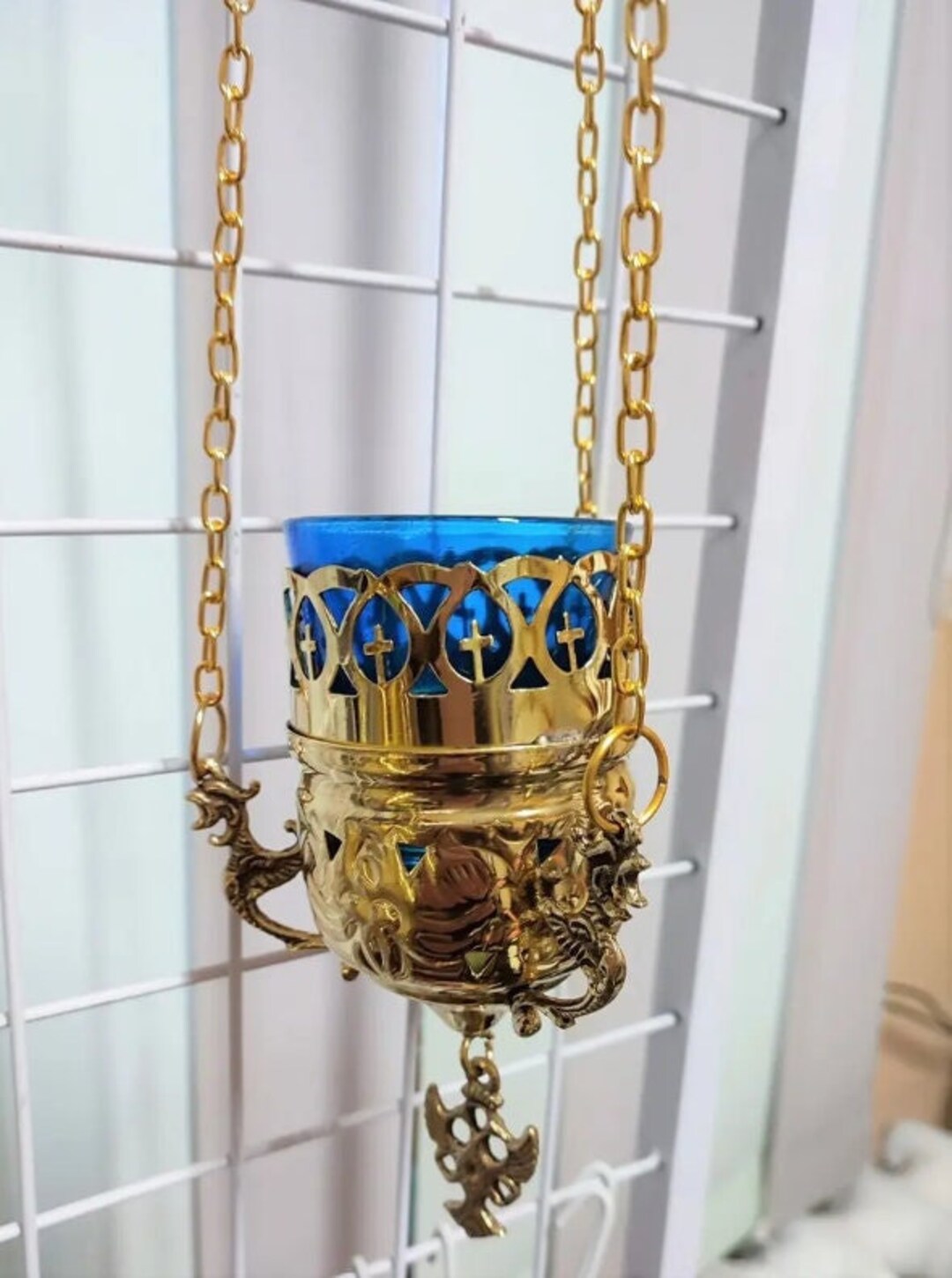 Church Pendant Lamp, Metal Lampada Gilded, Christian Icon Lamp