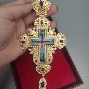 Priest Pectoral Cross: Gold-Plated Orthodox Crucifix with Blue Stones