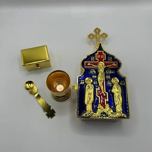 Pyx, liturgical monstrance in box, Box for Holy gifts saving, Holy gifts travel set, Orthodos treasury communion set, brass case, metal cup