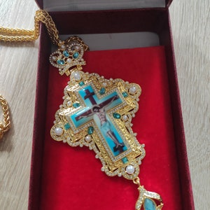 Orthodox Brass Pectoral Cross: Jesus Crucifix Necklace with Stones