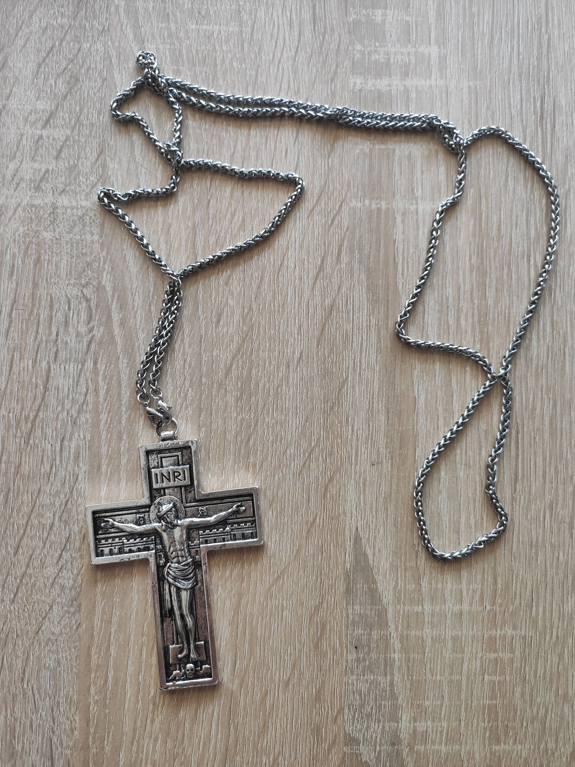 Priest Pectoral Cross Necklace: Crucifix & Virgin Mary, Silver