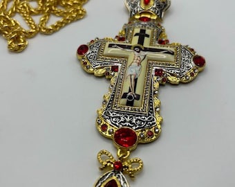 Orthodox Priest Cross Pendant: Brass Crucifix with Red Stones