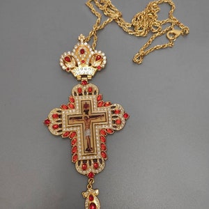 Gold Plated Pectoral Cross with Red Stones: Priest Crucifix Necklace