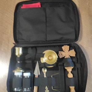 Liturgical traveler set, priest's set for traveling, priests communion cup, Eucharistic metal spear, spoon orthodox wooden cross, star