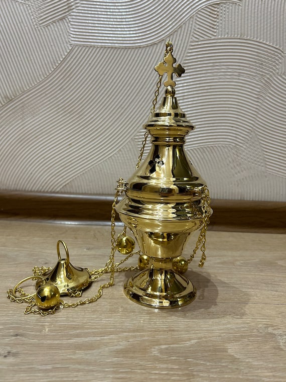 Handmade Gold Church Incense Burner: Liturgical Censer With Chains