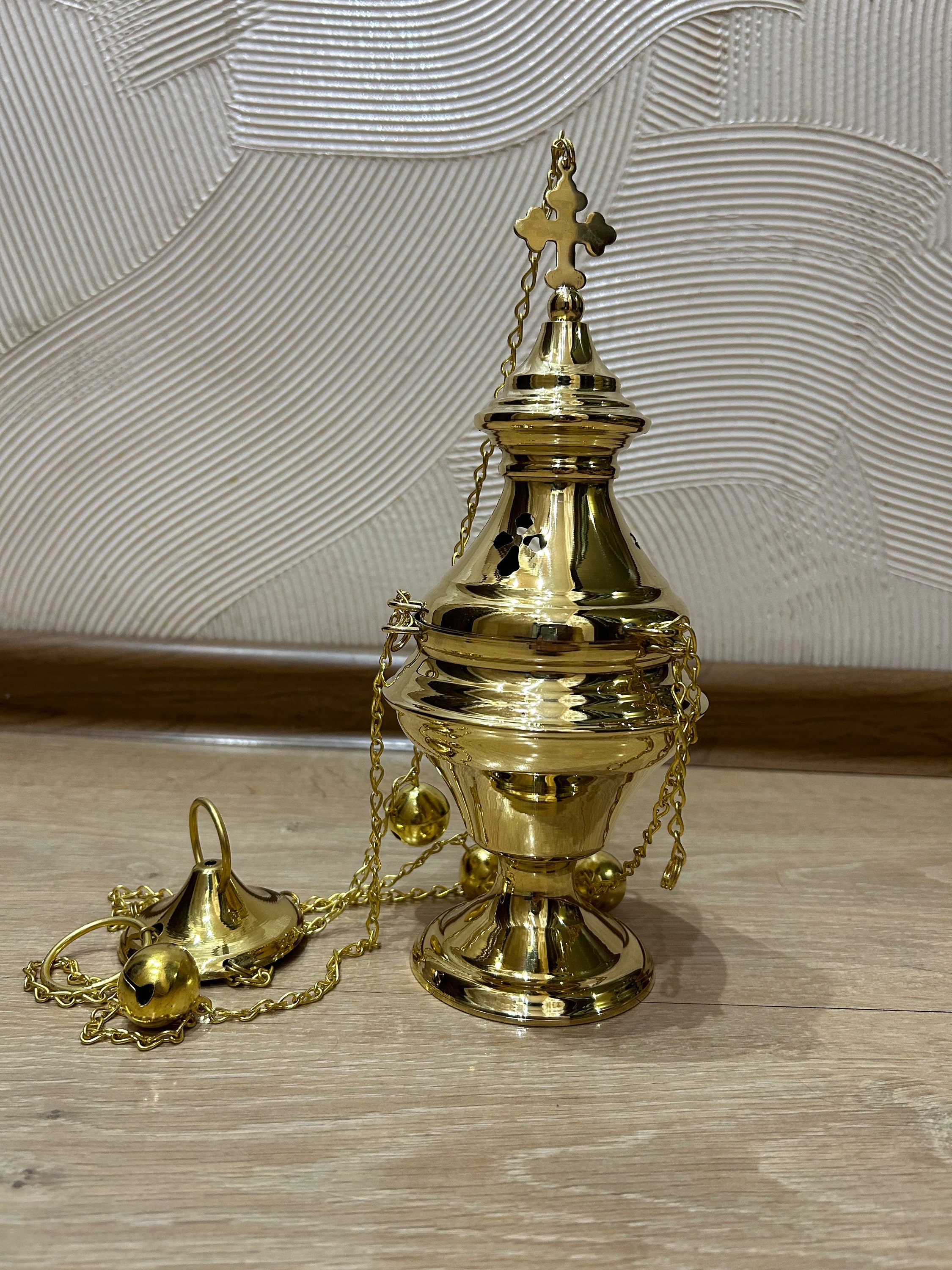 Handmade Gold Church Incense Burner: Liturgical Censer With Chains