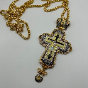 Gold Plated Brass Pectoral Cross: Jesus Crucifix, Orthodox Pendant