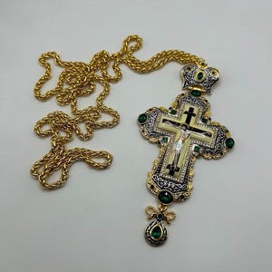 Gold Pectoral Cross with Green Stones: Orthodox Priest Necklace