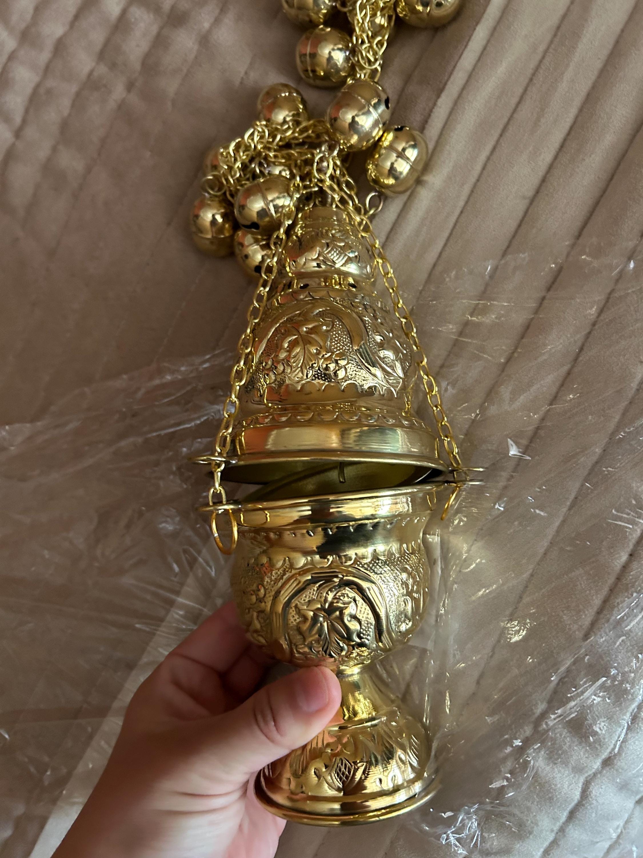 Gold Painted Brass Incense Burner: Greek Style Censer With Chain