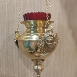 Church pendant lamp with cherub, cherubim lampada gilded, incebse burner hanging, Orthodox icon lamp, Brass Оil lamp, golden chain lamp