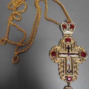Gold Plated Orthodox Pectoral Cross with Red Stones