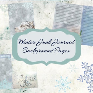 May include: Winter themed junk journal background pages in a blue and white colour scheme. The pages feature snowflakes, a wolf, and a couple of snow leopards. The text "Winter Junk Journal Background Pages" is displayed in a blue font on a teal background.