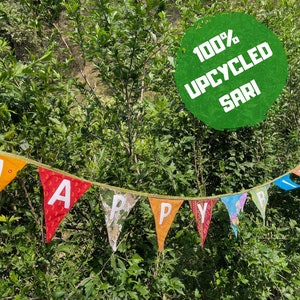 Upcycled Happy Birthday Party Wimpelkette aus Sari Handgefertigten Bannern Girlanden und Wimpelketten für Geburtstags- und Dekorationsgeschenk
