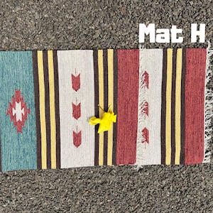 Pu&ograve; includere: Un tappeto a strisce colorate con un motivo geometrico al centro. Il tappeto ha frange sui bordi ed &egrave; fatto di tessuto tessuto. Il tappeto &egrave; etichettato "Mat H".