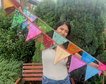 Upcycled Sari Bunting Party Garlands Pennant Flags Handmade From Recycled Sari For Birthdays, Weddings And Summer Garden Party Decor Gift