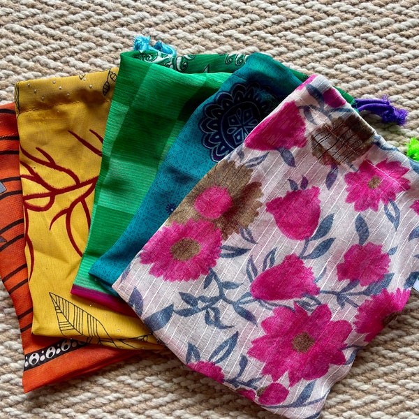 Upcycled Sari Small Gift Bags Handmade From 100% Recycled Vintage Sari For Birthday And Wedding Present Gift Wrapping