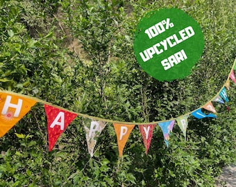 Upcycled Sari Happy Birthday Bunting Banners Flags And Pennants For Birthday Party Gift  And Garden Party Decor