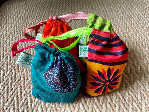 Upcycled Sari Gift Bags: Handmade Reusable Drawstring Wraps For Birthday and Wedding Present Wrapping