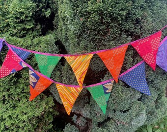 Pride Rainbow Upcycled Sari Bunting And Single Origin Sari Design Flags Banners and Pennants From Recycled Sari For Birthday Party Gift