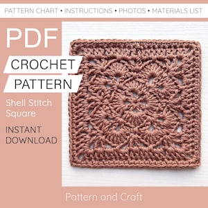 Puede incluir: Un patrón de crochet para un cuadrado de punto de concha. El patrón está disponible para descargar instantáneamente en formato PDF. La imagen muestra un primer plano del cuadrado terminado, que es de color marrón claro.
