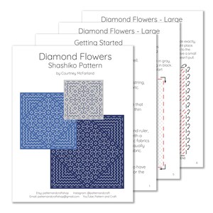 May include: A stack of printed paper patterns for Sashiko embroidery. The patterns feature geometric designs in blue and gray, with the text "Diamond Flowers" and instructions. The patterns are by Courtney McFarland.