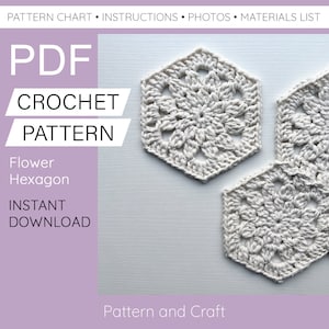 Może przedstawiać: Cyfrowy wzór na szydełku w formacie PDF do pobrania natychmiastowo, przedstawiający sześciokąt z kwiatem. Wzór jest dostępny do pobrania natychmiastowo. Na zdjęciu widoczne są trzy sześciokąty wykonane na szydełku w kolorze białym.