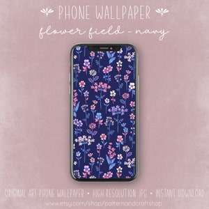 Sfondo per telefono / Campo di fiori ~ Blu navy / Sfondo per telefono / Download immediato / Stampa floreale / Sfondo per iPhone