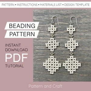 May include: A digital download PDF pattern for beaded earrings. The earrings are made with white beads and silver findings. The pattern includes instructions for making the earrings. The text on the image reads "Beading Pattern", "Instant Download", "PDF Tutorial", and "Pattern and Craft".