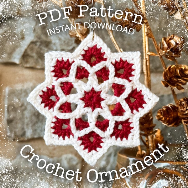 Adorno navideño de estrella de invierno - Patrón de crochet - Copo de nieve de 2 colores - Instrucciones en PDF para descarga digital