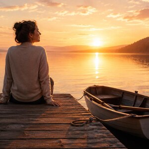 May include: A person with dark hair tied in a bun, wearing a beige long-sleeved sweater, sits on a wooden dock next to a small rowboat. The scene is set against a calm lake during a vibrant orange and yellow sunset with distant hills.