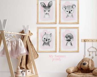 Set of 4 Australian Animal Prints, Baby Boys & Girls Nursery Prints, Bedroom Decor, Black And White Painted Kangaroo, Kola, Wombat, Platypus