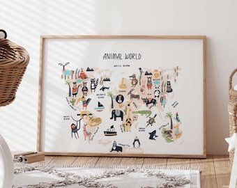 Animal World Map For Kids Nursery, Bedroom And Playroom Prints