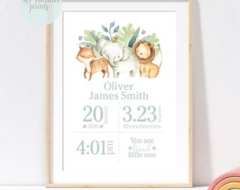 Personalised Birth Announcement Safari print Jungle Theme Kids wall art Boys nursery prints bedroom decor personalized newborn baby gifts