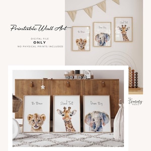 Safari Kinderzimmer Drucke - 3er Set - Löwe Giraffe Elefant Wand Kunst - Dschungel Tier Dekor - Digitaler Download