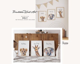 Safari Nursery Prints - Set of 3 - Lion Giraffe Elephant Wall Art - Jungle Animal Decor - Digital Download
