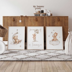 Personalised Teddy Bear Nursery Prints, Personalised Kids Wall Art, Neutral Bedroom Decor, Set of 3 Teddy Bear Nursery Decor, Baby Gift