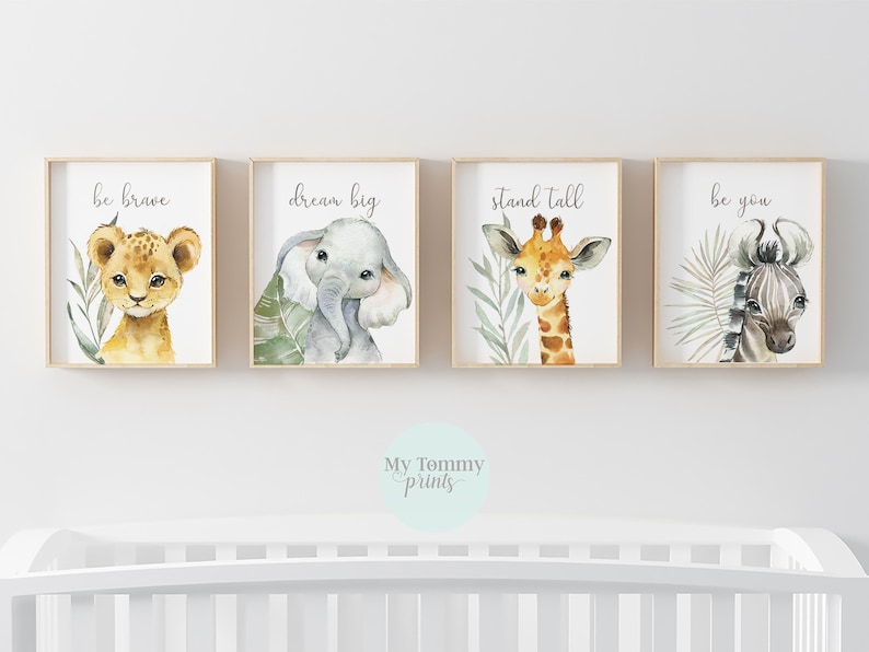 Set of 4 Safari Prints, Gender Neutral Nursery Prints, Bedroom Decor, Cute Baby Jungle Animals, Lion, Elephant, Zebra, Giraffe, Baby Gifts 