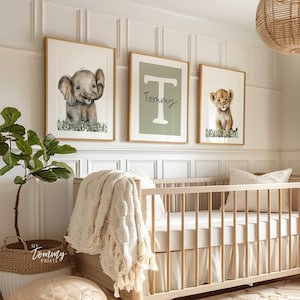 Personalized Safari Animal Nursery Prints, Elephant & Lion Decor (Set of 3)