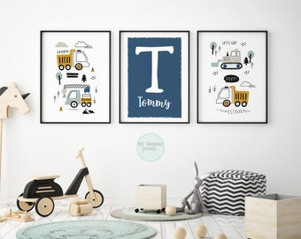 Personalised Construction Nursery Prints Set of 3, Truck Wall Art for Boys Room