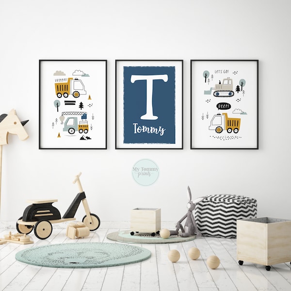 Set of 3 Personalised Construction Prints Little Boys Construction Wall Art For Boys Bedroom Decor Custom Named Prints Personalized Gifts