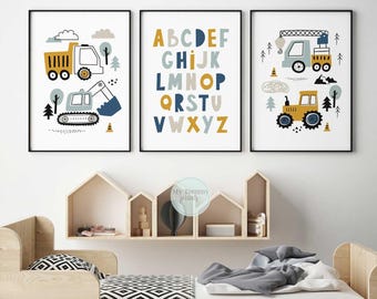 Construction Wall Art Set of 3 for Boys Room, Digger Truck and Alphabet Prints