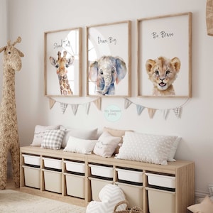 Safari Animal Nursery Wall Art Set of 3 Watercolour Elephant, Giraffe and Lion Prints Jungle Theme Gender Neutral Kids Bedroom Decor