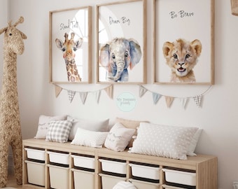 Safari Animal Nursery Prints Watercolour Elephant, Lion, Giraffe Set of 3