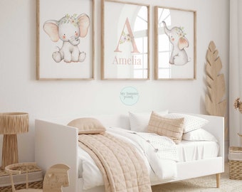 Personalized Elephant Nursery Prints, Floral Wall Art Set of 3