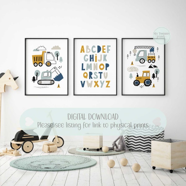 Construction theme nursery prints, kids vehicle construction wall art, alphabet poster toddler bedroom, boys room decor digital download