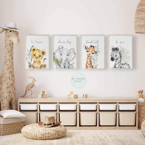 Set of 4 Safari Prints Gender Neutral Nursery Prints Boys Bedroom Decor Baby Jungle Animals Girls Wall Art Lion Elephant Zebra Giraffe Gifts