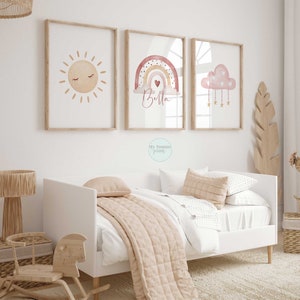 Personalised girls room prints, little girls bedroom decor, nursery decor girl, rainbow sun cloud wall art, personalised new baby gifts
