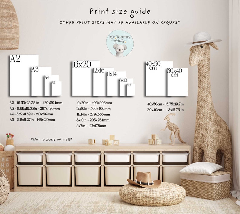 May include: Print size guide for artwork, showing different sizes in inches and millimeters. The guide includes standard sizes like A2, A3, A4, and A5, as well as popular print sizes like 16x20, 12x16, 11x14, and 8x10. The guide also includes sizes in centimeters, such as 40x50 cm and 30x40 cm.