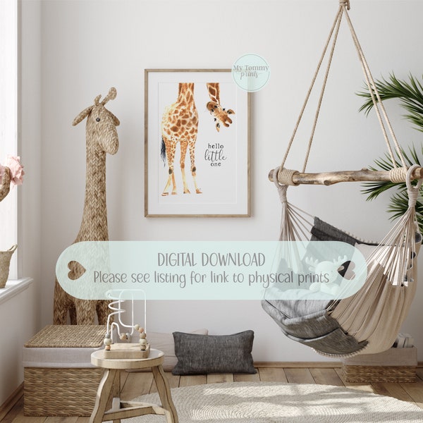 Giraffe Print, Nursery Print, Bedroom Decor, Gender Neutral Decor, New Baby Gifts, Hello Little One Phrase Poster, Safari Digital Download