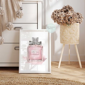 Art mural flacon de parfum rose, décoration de chambre de fille, affiche de chambre d'adolescente, art mural mode, impression de parfum pour elle